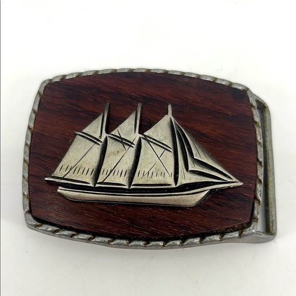 Vintage 90’s Solid Brass Nautical Sail Boat Wooden Preppy Maritime Belt Buckle - Picture 1 of 10